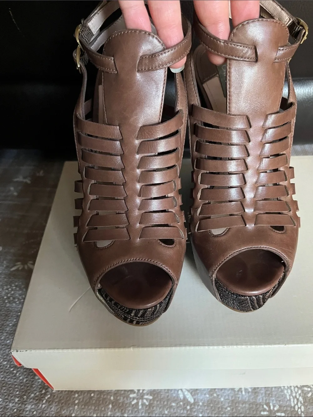 Joan & David Dastephy Brown Leather Caged Wedge Sandal Embroidered Platform